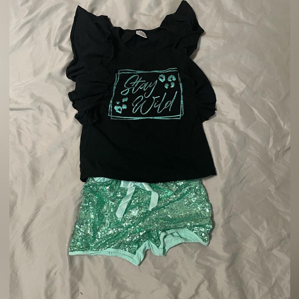 Girls Black and Teal Sequined summer outfit - Stay Wild